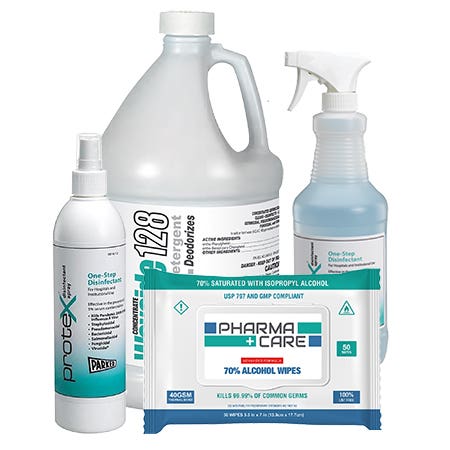 Various disinfectants including spray, refillable, pump and disinfectant wipes