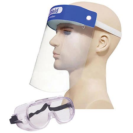 Face shield with mannequin and large goggles