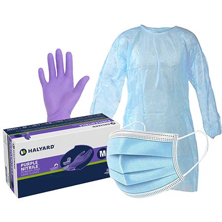 Purple gloves, pleated mask and gown for PPE